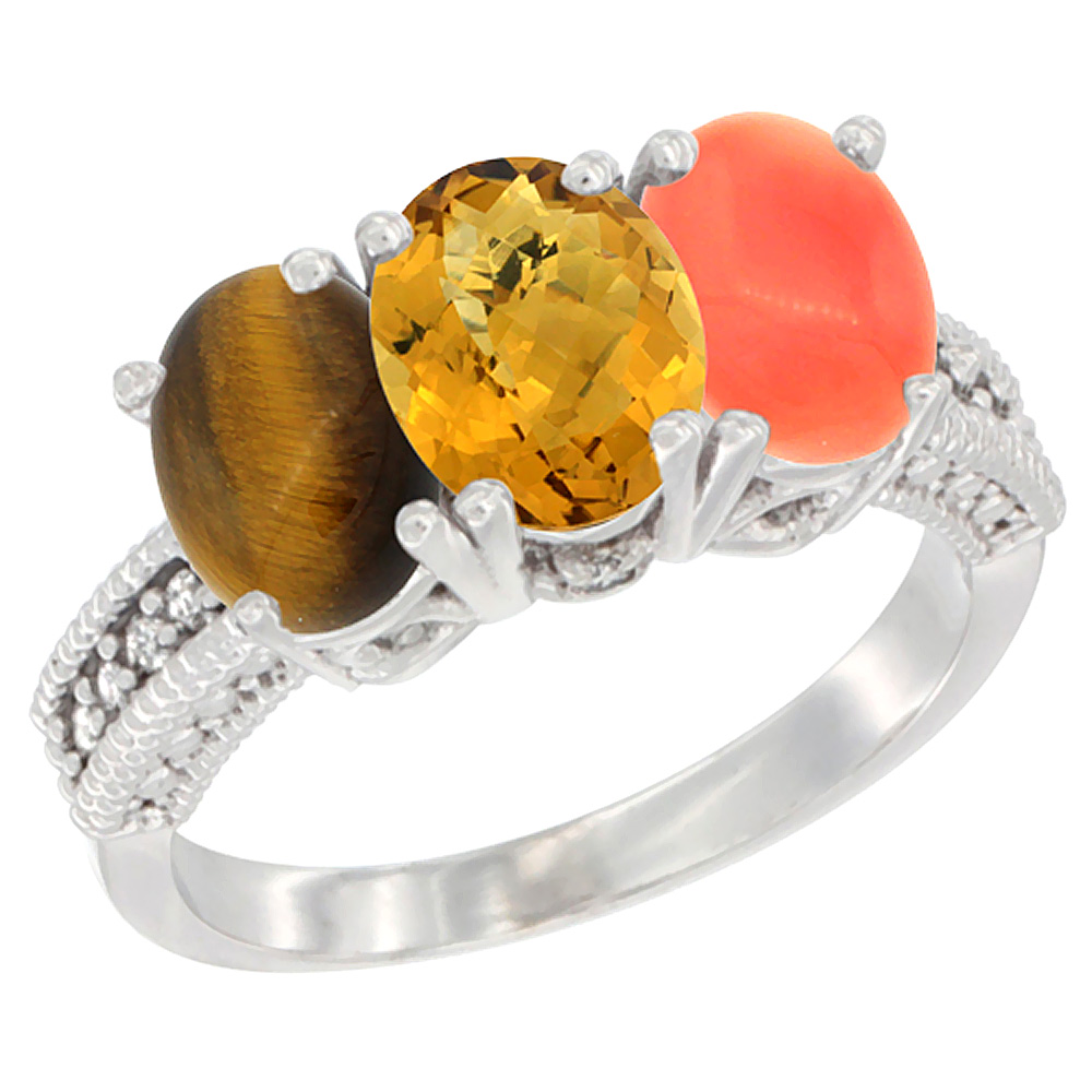 14K White Gold Natural Tiger Eye, Whisky Quartz & Coral Ring 3-Stone 7x5 mm Oval Diamond Accent, sizes 5 - 10