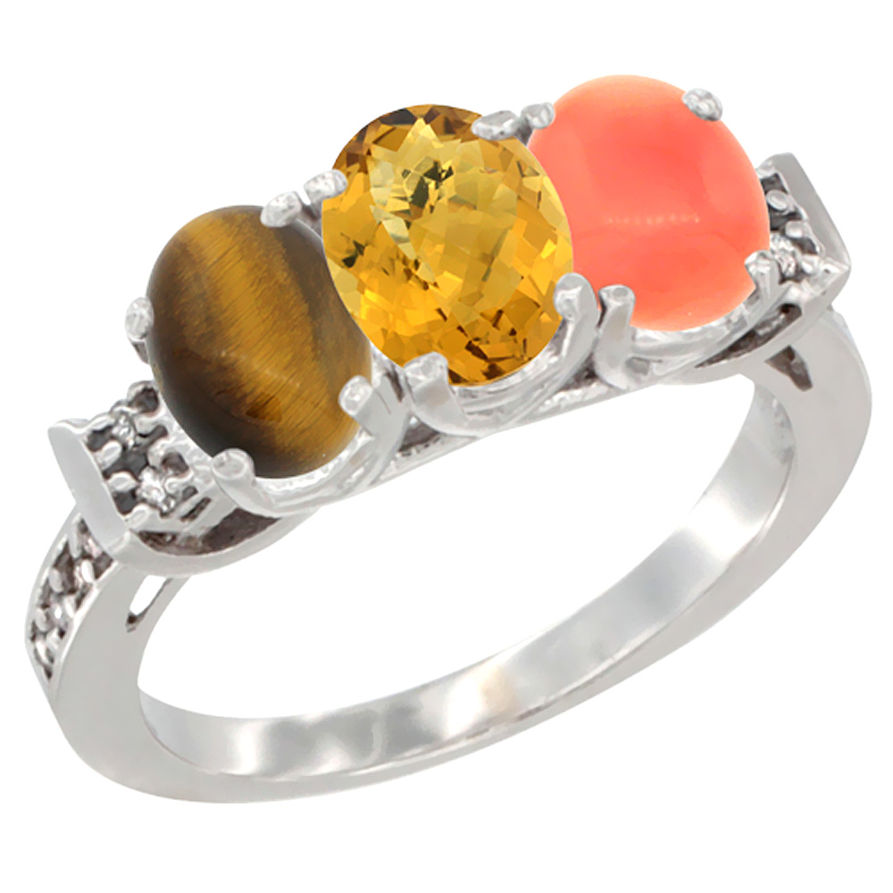 14K White Gold Natural Tiger Eye, Whisky Quartz & Coral Ring 3-Stone Oval 7x5 mm Diamond Accent, sizes 5 - 10