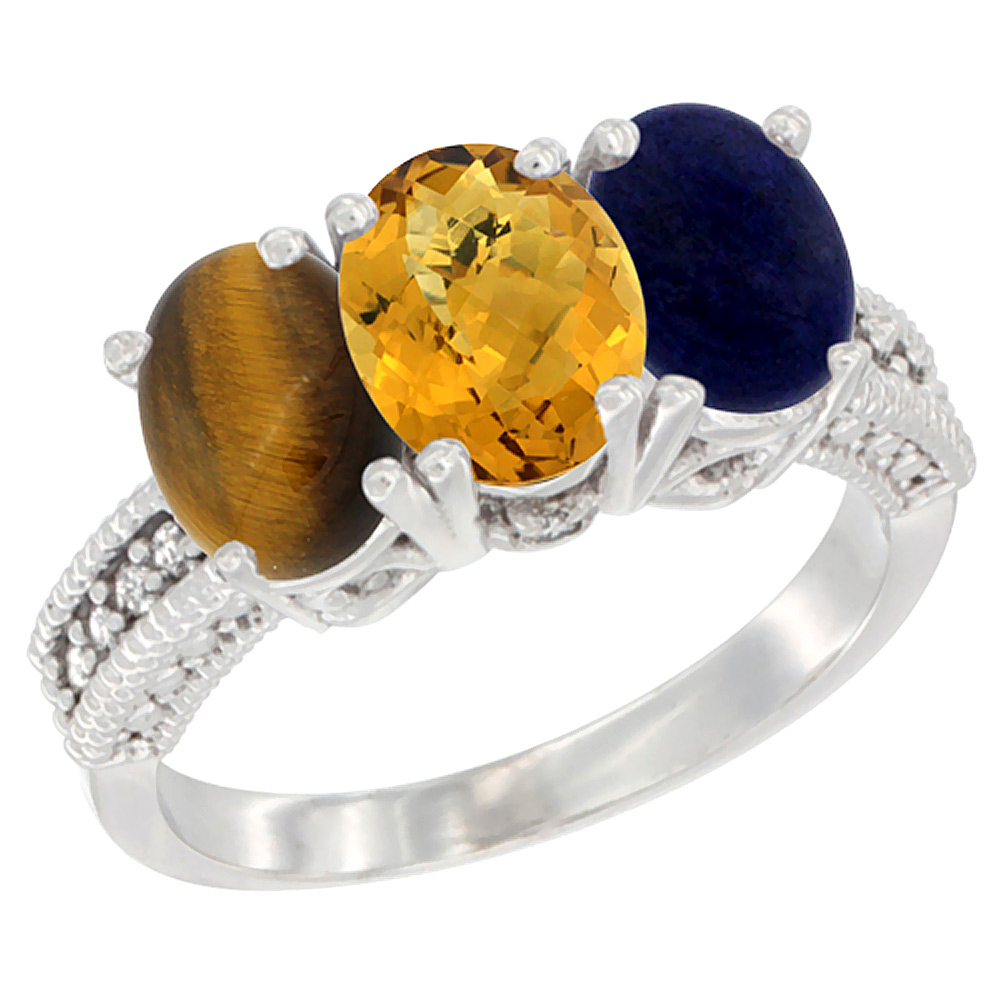 14K White Gold Natural Tiger Eye, Whisky Quartz & Lapis Ring 3-Stone 7x5 mm Oval Diamond Accent, sizes 5 - 10