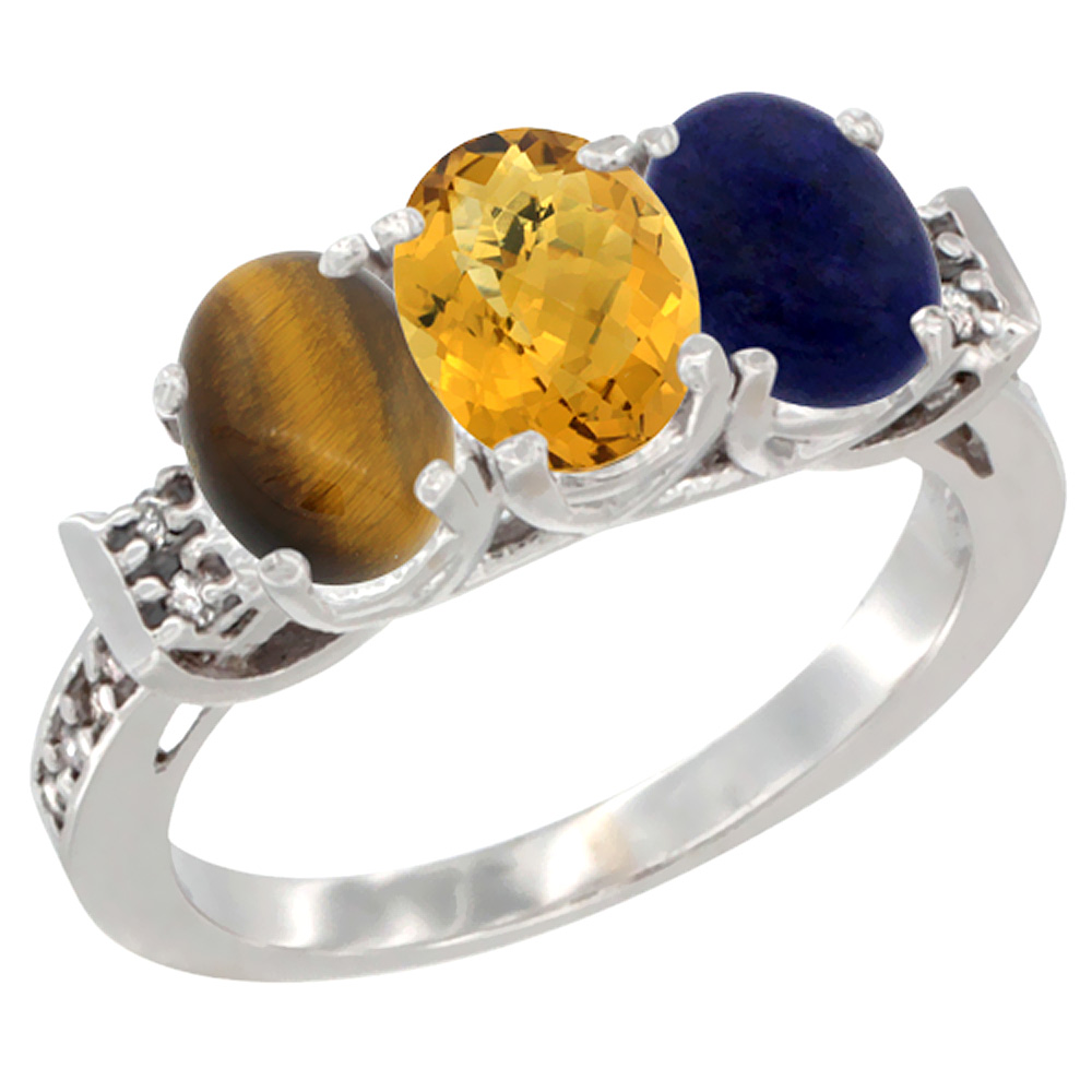 14K White Gold Natural Tiger Eye, Whisky Quartz & Lapis Ring 3-Stone Oval 7x5 mm Diamond Accent, sizes 5 - 10