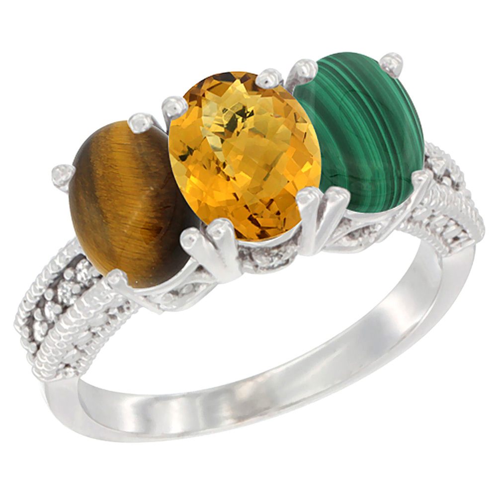 14K White Gold Natural Tiger Eye, Whisky Quartz & Malachite Ring 3-Stone 7x5 mm Oval Diamond Accent, sizes 5 - 10