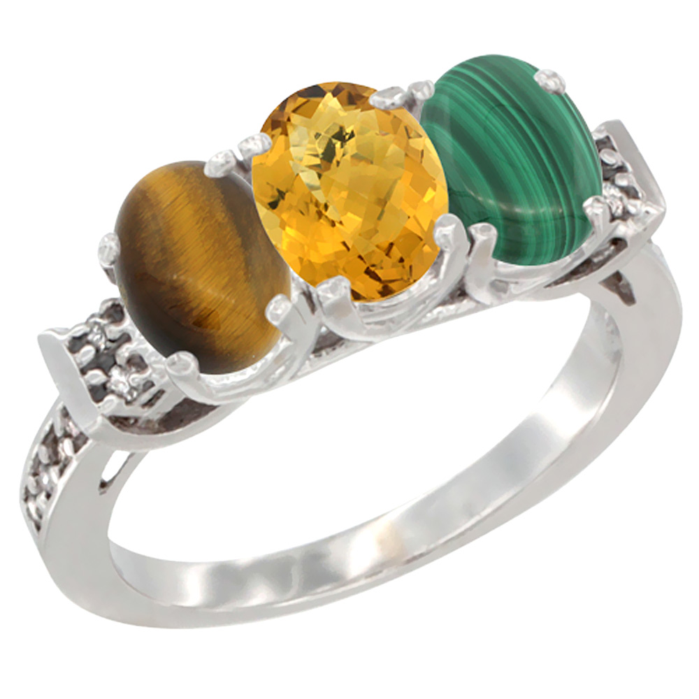 14K White Gold Natural Tiger Eye, Whisky Quartz & Malachite Ring 3-Stone Oval 7x5 mm Diamond Accent, sizes 5 - 10