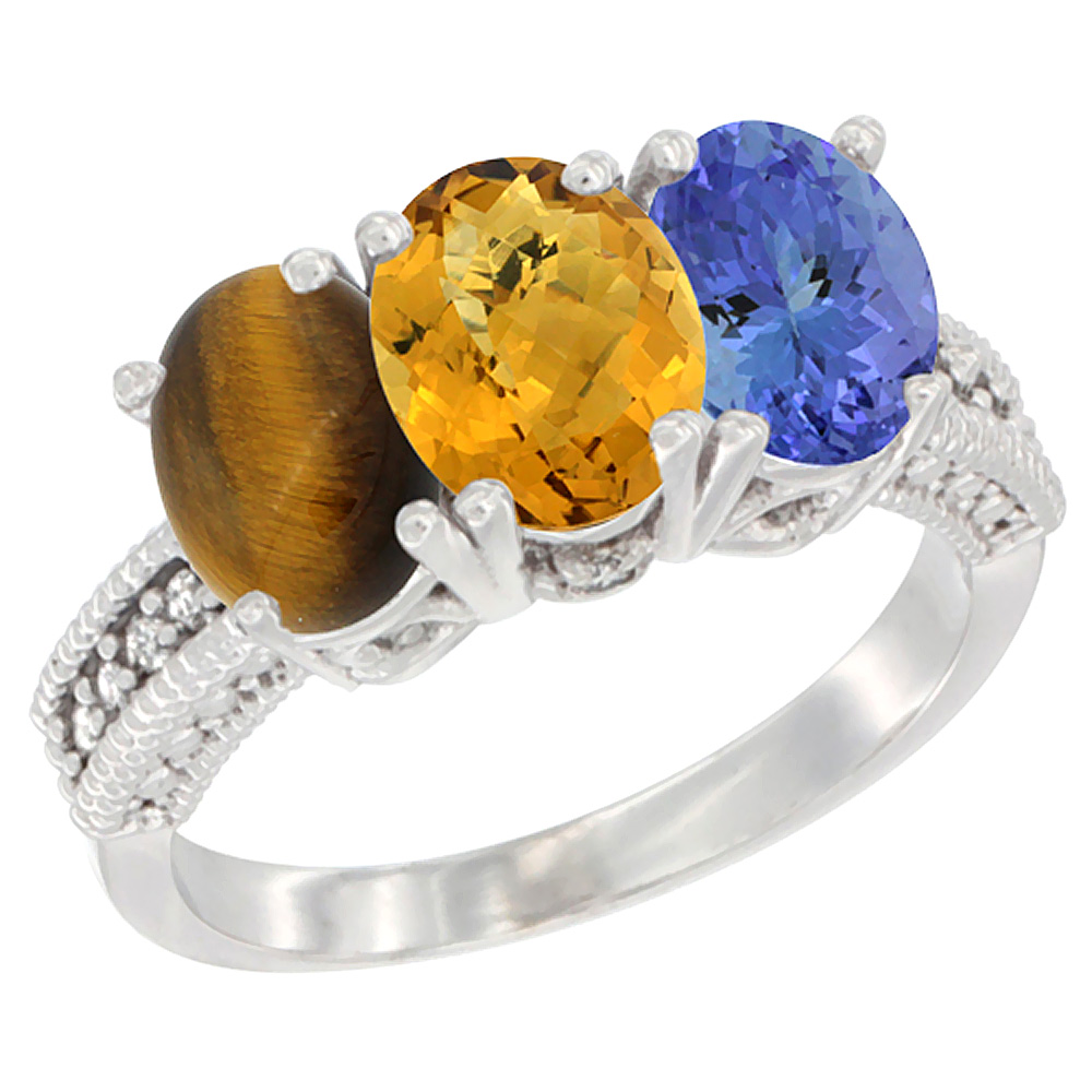 14K White Gold Natural Tiger Eye, Whisky Quartz & Tanzanite Ring 3-Stone 7x5 mm Oval Diamond Accent, sizes 5 - 10