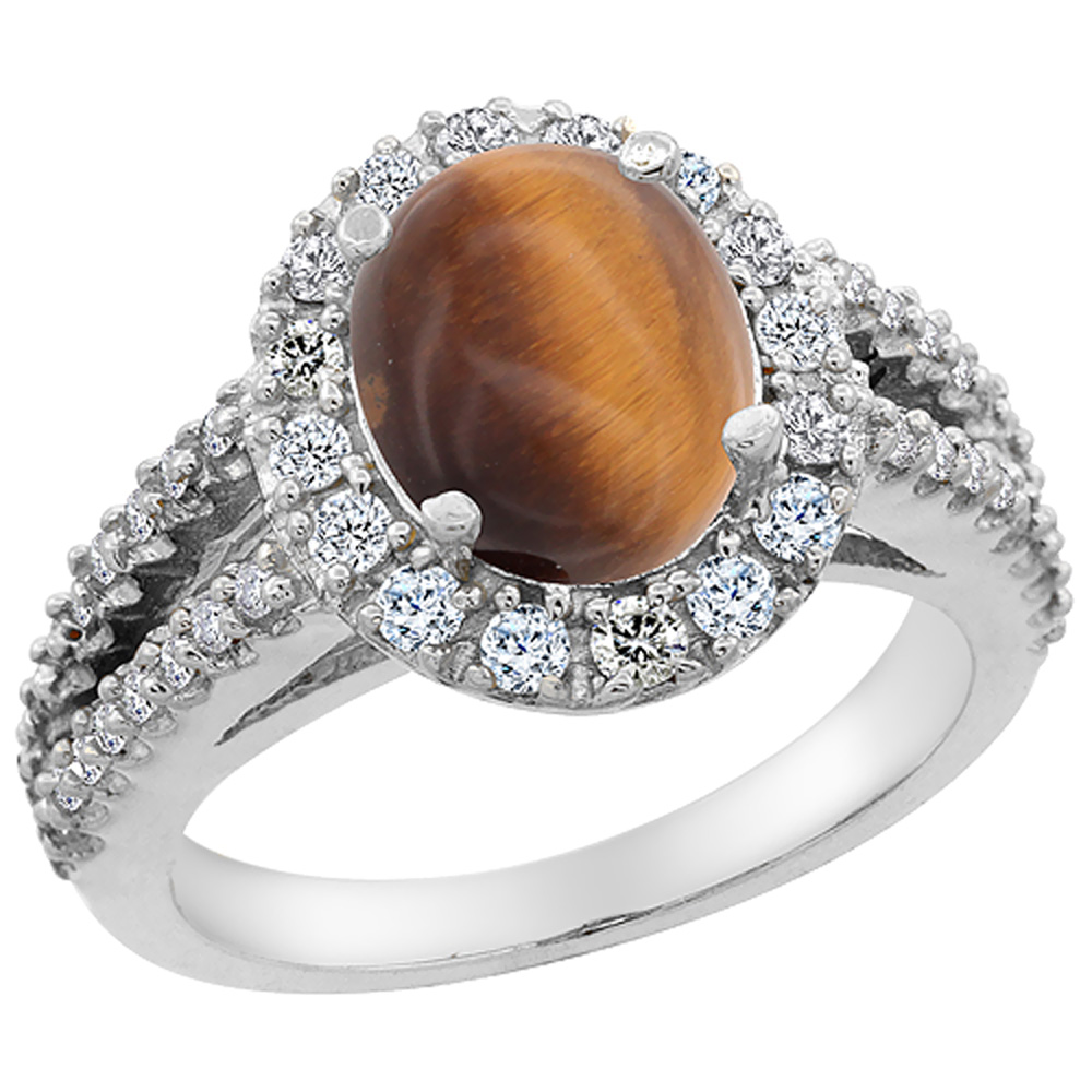 14K White Gold Diamond Natural Tiger Eye Engagement Ring Oval 10x8mm, sizes 5-10