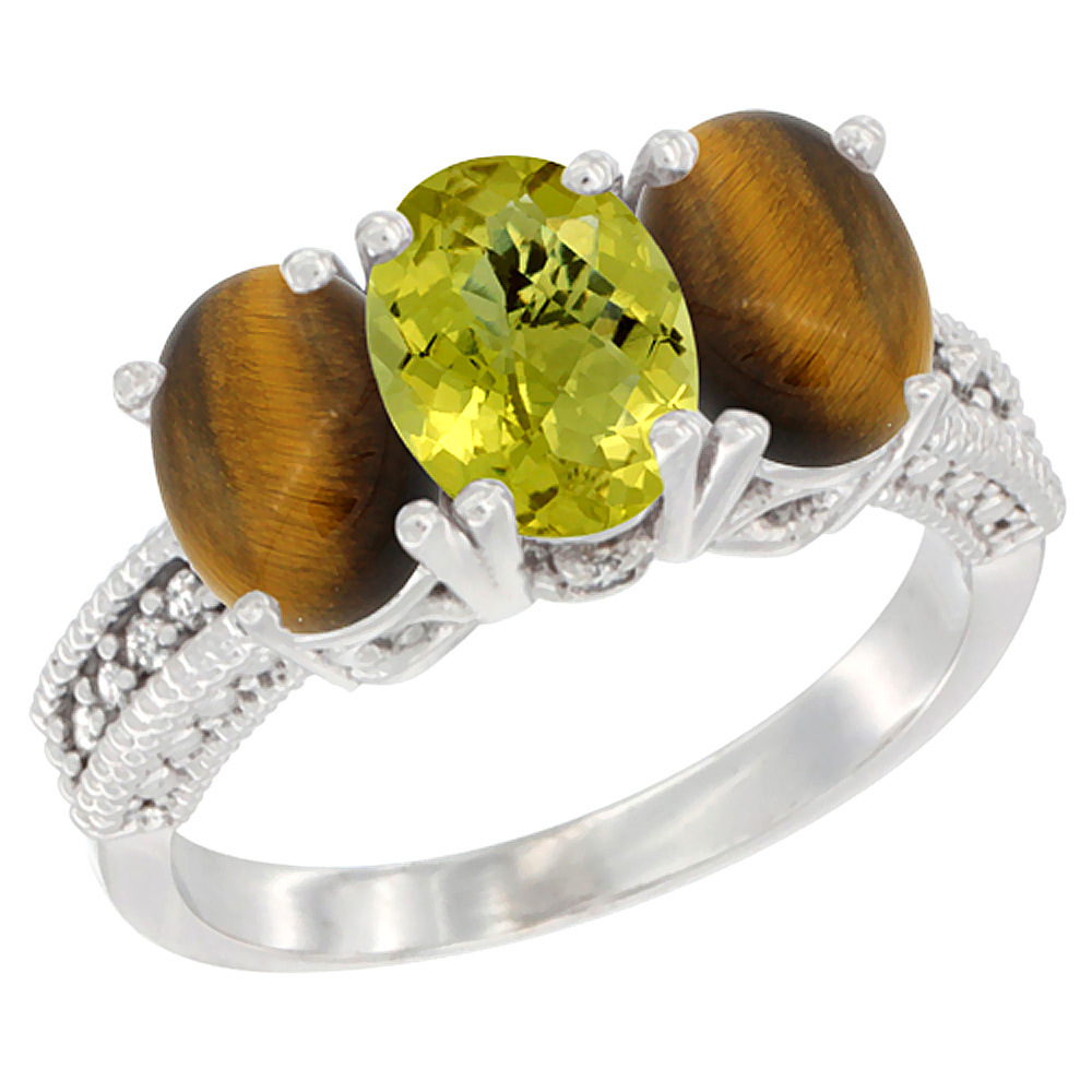 14K White Gold Natural Lemon Quartz &amp; Tiger Eye Sides Ring 3-Stone 7x5 mm Oval Diamond Accent, sizes 5 - 10