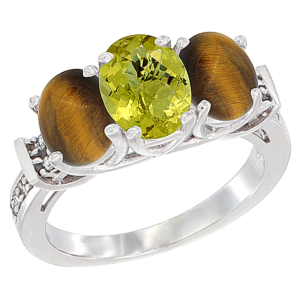 14K White Gold Natural Lemon Quartz & Tiger Eye Sides Ring 3-Stone Oval Diamond Accent, sizes 5 - 10