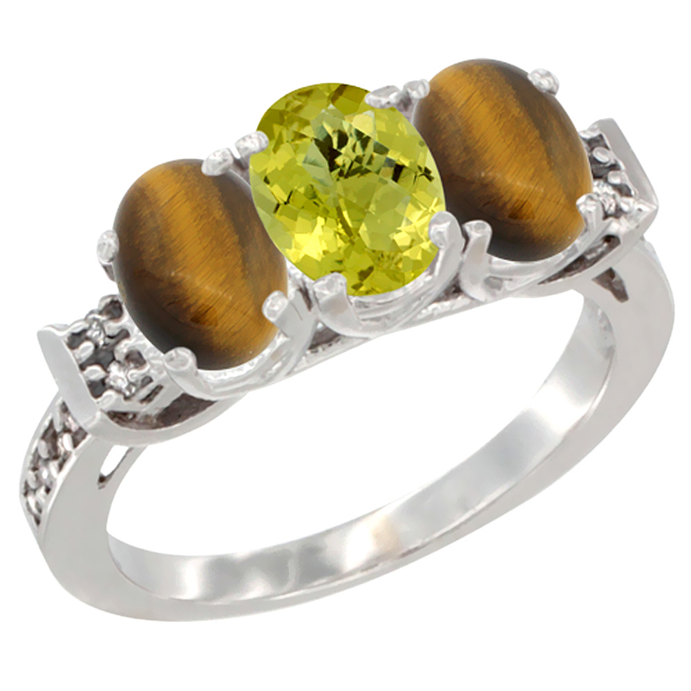 14K White Gold Natural Lemon Quartz &amp; Tiger Eye Sides Ring 3-Stone Oval 7x5 mm Diamond Accent, sizes 5 - 10