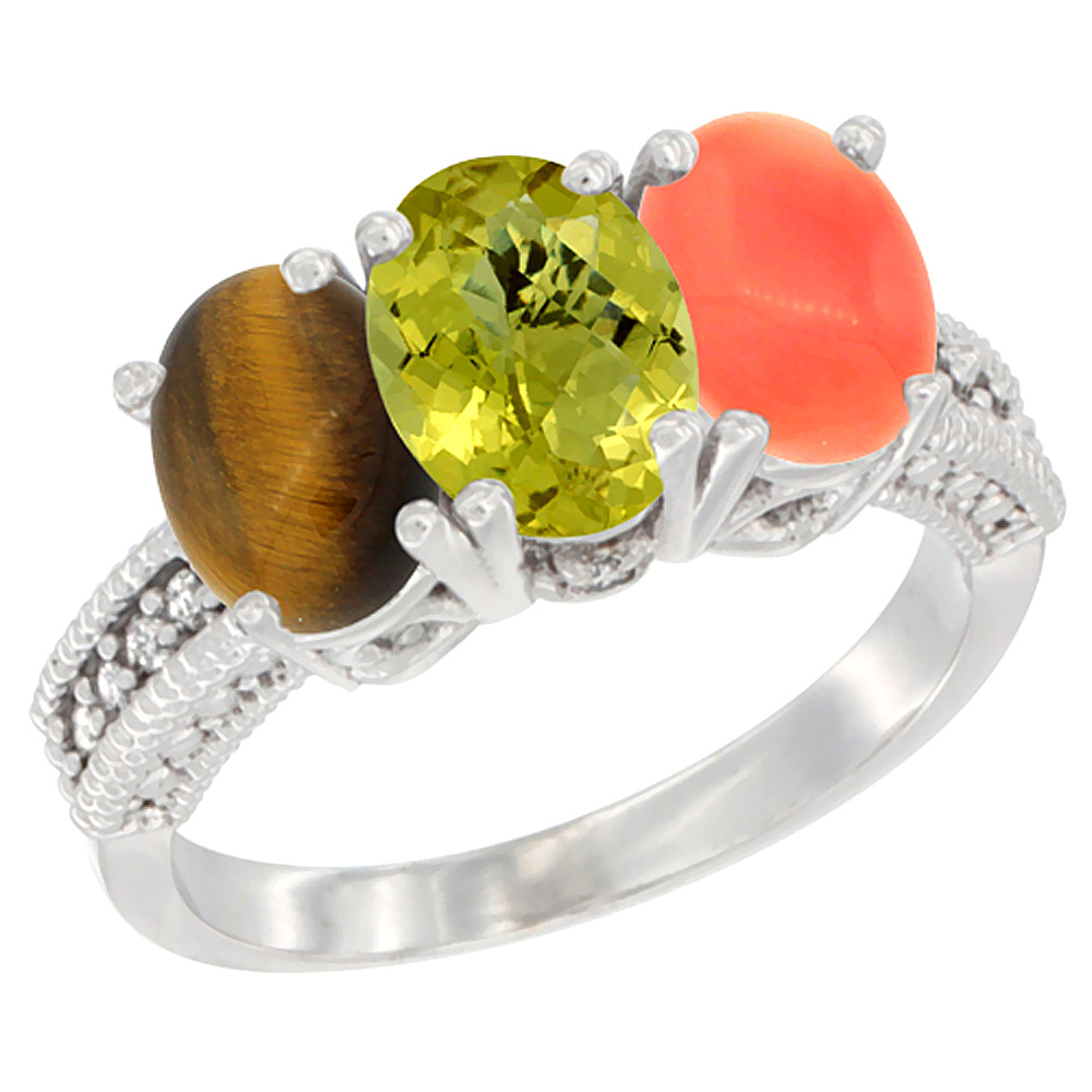 14K White Gold Natural Tiger Eye, Lemon Quartz & Coral Ring 3-Stone 7x5 mm Oval Diamond Accent, sizes 5 - 10