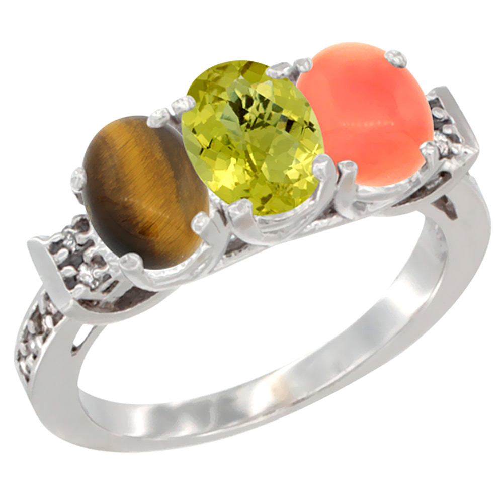 14K White Gold Natural Tiger Eye, Lemon Quartz &amp; Coral Ring 3-Stone Oval 7x5 mm Diamond Accent, sizes 5 - 10