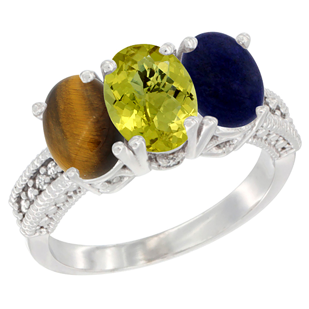 14K White Gold Natural Tiger Eye, Lemon Quartz &amp; Lapis Ring 3-Stone 7x5 mm Oval Diamond Accent, sizes 5 - 10