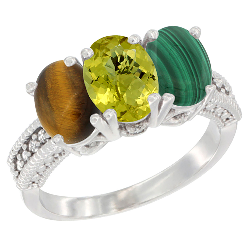 14K White Gold Natural Tiger Eye, Lemon Quartz &amp; Malachite Ring 3-Stone 7x5 mm Oval Diamond Accent, sizes 5 - 10