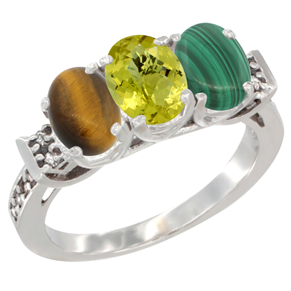 14K White Gold Natural Tiger Eye, Lemon Quartz & Malachite Ring 3-Stone Oval 7x5 mm Diamond Accent, sizes 5 - 10