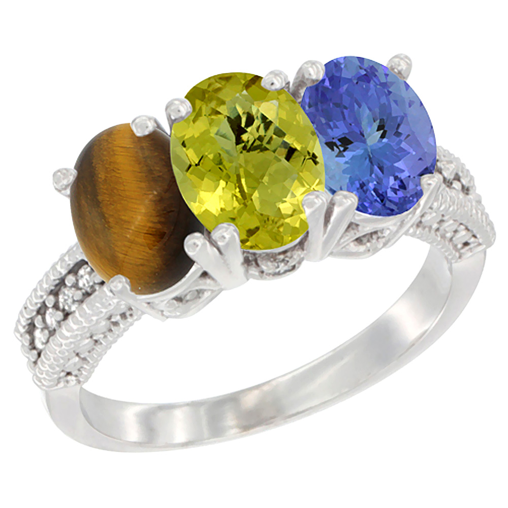 10K White Gold Diamond Natural Tiger Eye, Lemon Quartz &amp; Tanzanite Ring 3-Stone 7x5 mm Oval, sizes 5 - 10