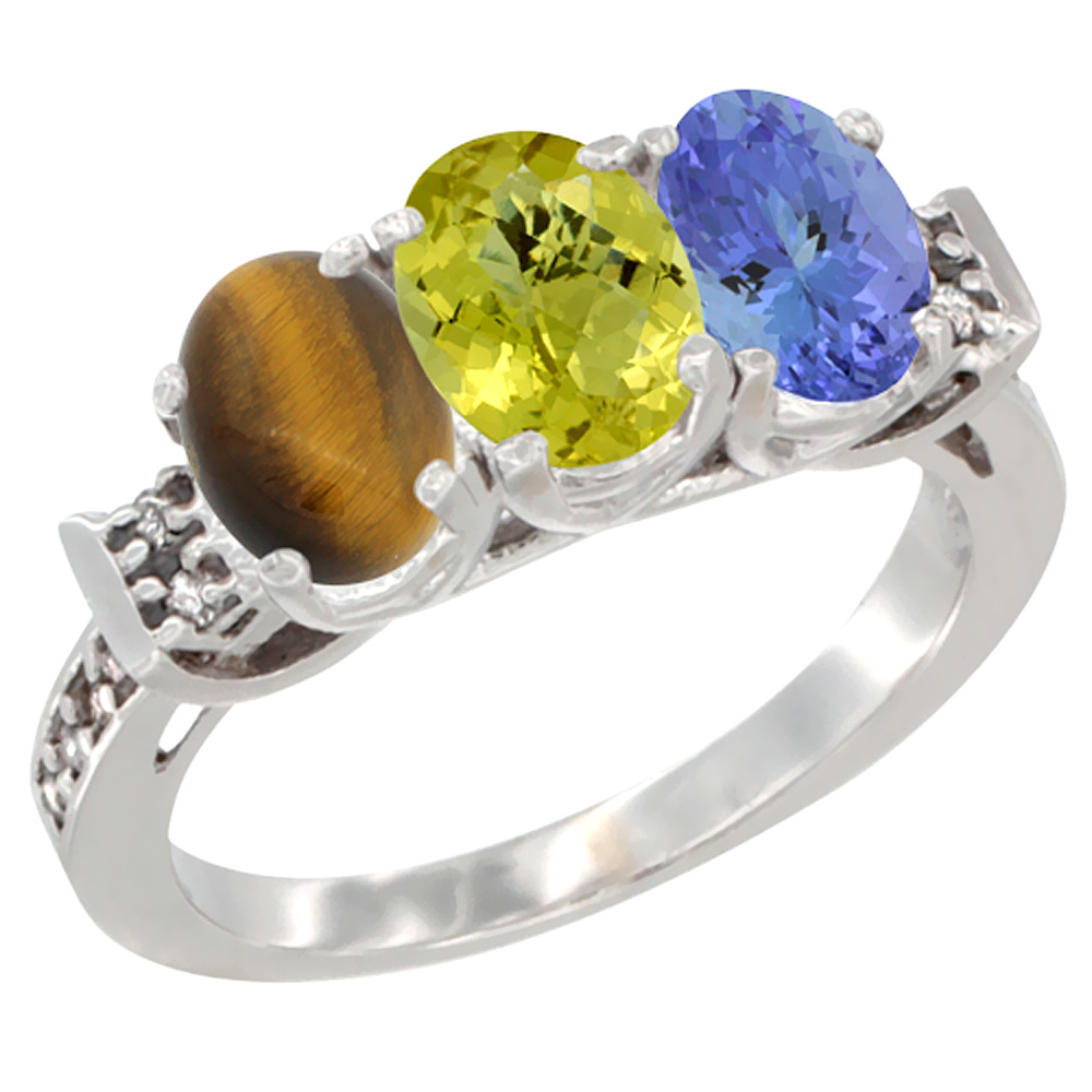 14K White Gold Natural Tiger Eye, Lemon Quartz &amp; Tanzanite Ring 3-Stone Oval 7x5 mm Diamond Accent, sizes 5 - 10