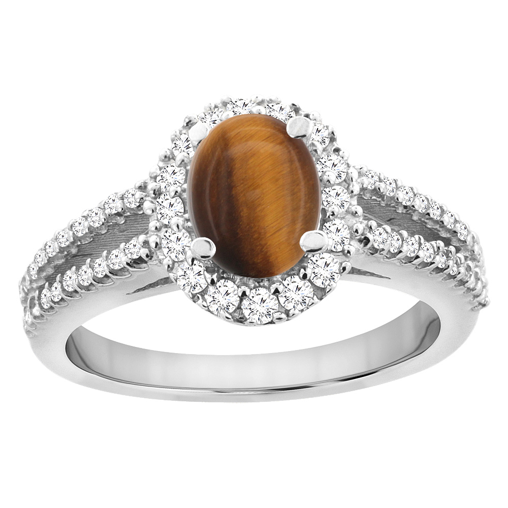 14K White Gold Natural Tiger Eye Split Shank Halo Engagement Ring Oval 7x5 mm, sizes 5 - 10