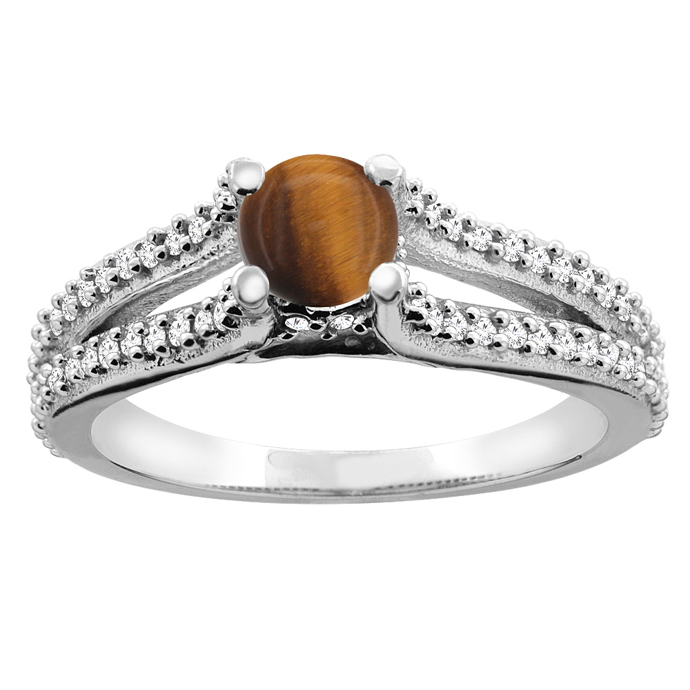 14K White Gold Natural Tiger Eye Engagement Split Shank Ring Round 5mm Diamond Accents, sizes 5 - 10