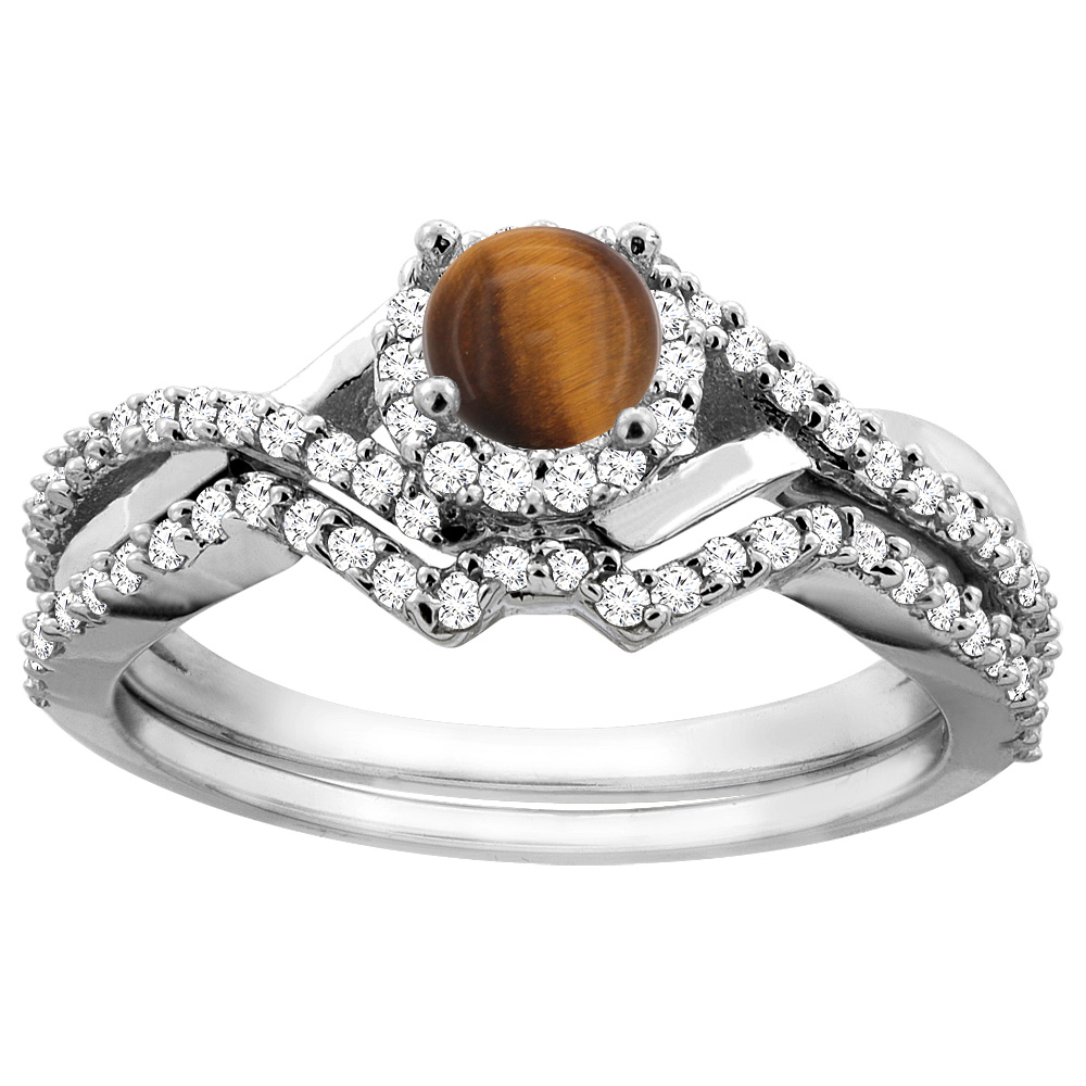 14K Gold Natural Tiger Eye 2-piece Bridal Ring Set Round 5mm, sizes 5 - 10