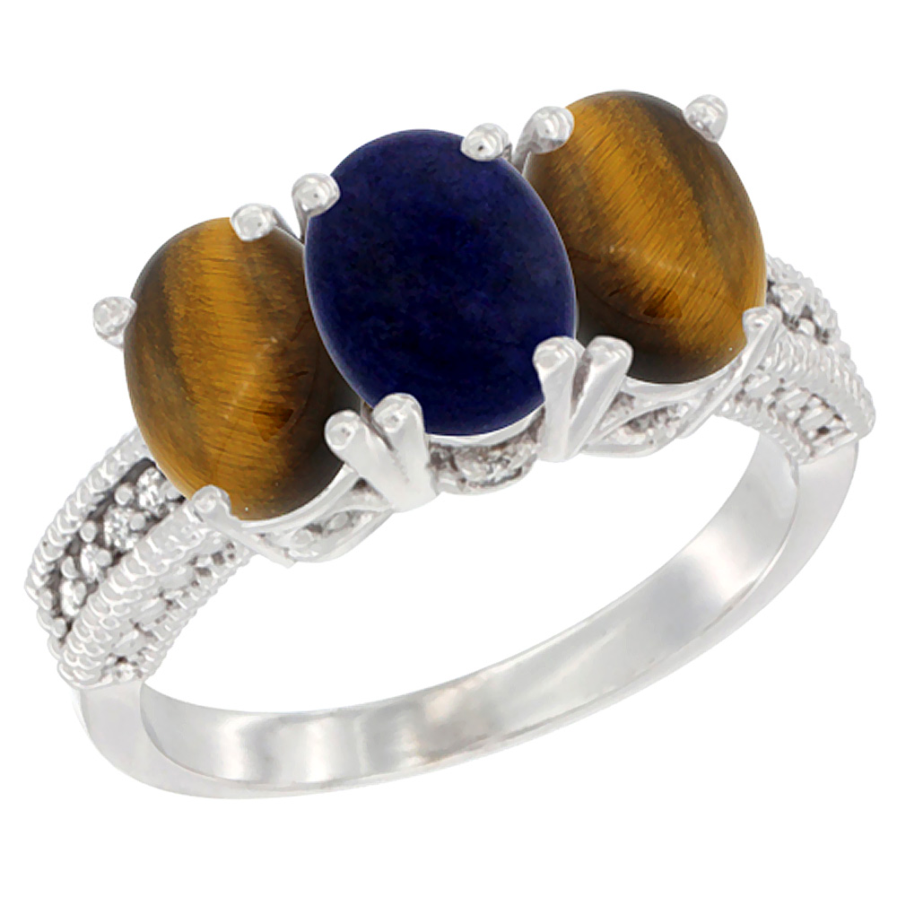 10K White Gold Diamond Natural Lapis & Tiger Eye Ring 3-Stone 7x5 mm Oval, sizes 5 - 10