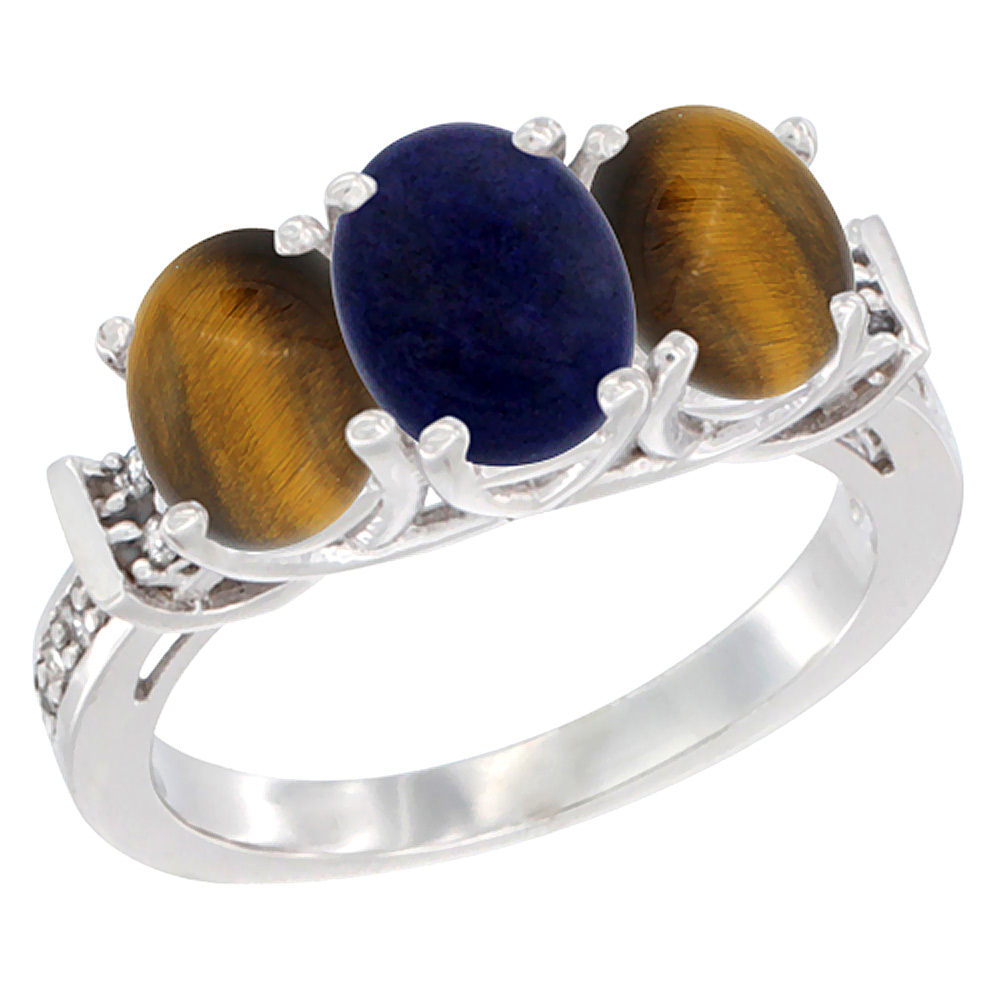 14K White Gold Natural Lapis & Tiger Eye Sides Ring 3-Stone Oval Diamond Accent, sizes 5 - 10