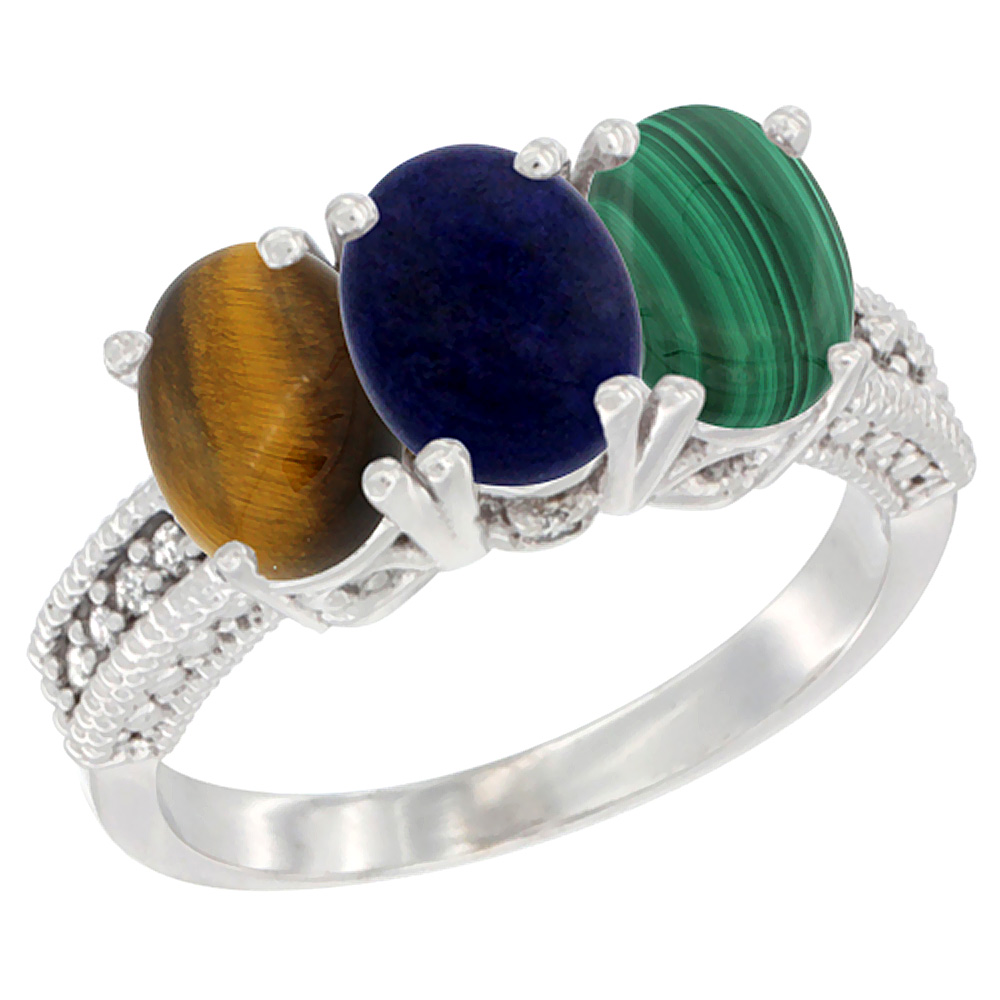 14K White Gold Natural Tiger Eye, Lapis & Malachite Ring 3-Stone 7x5 mm Oval Diamond Accent, sizes 5 - 10