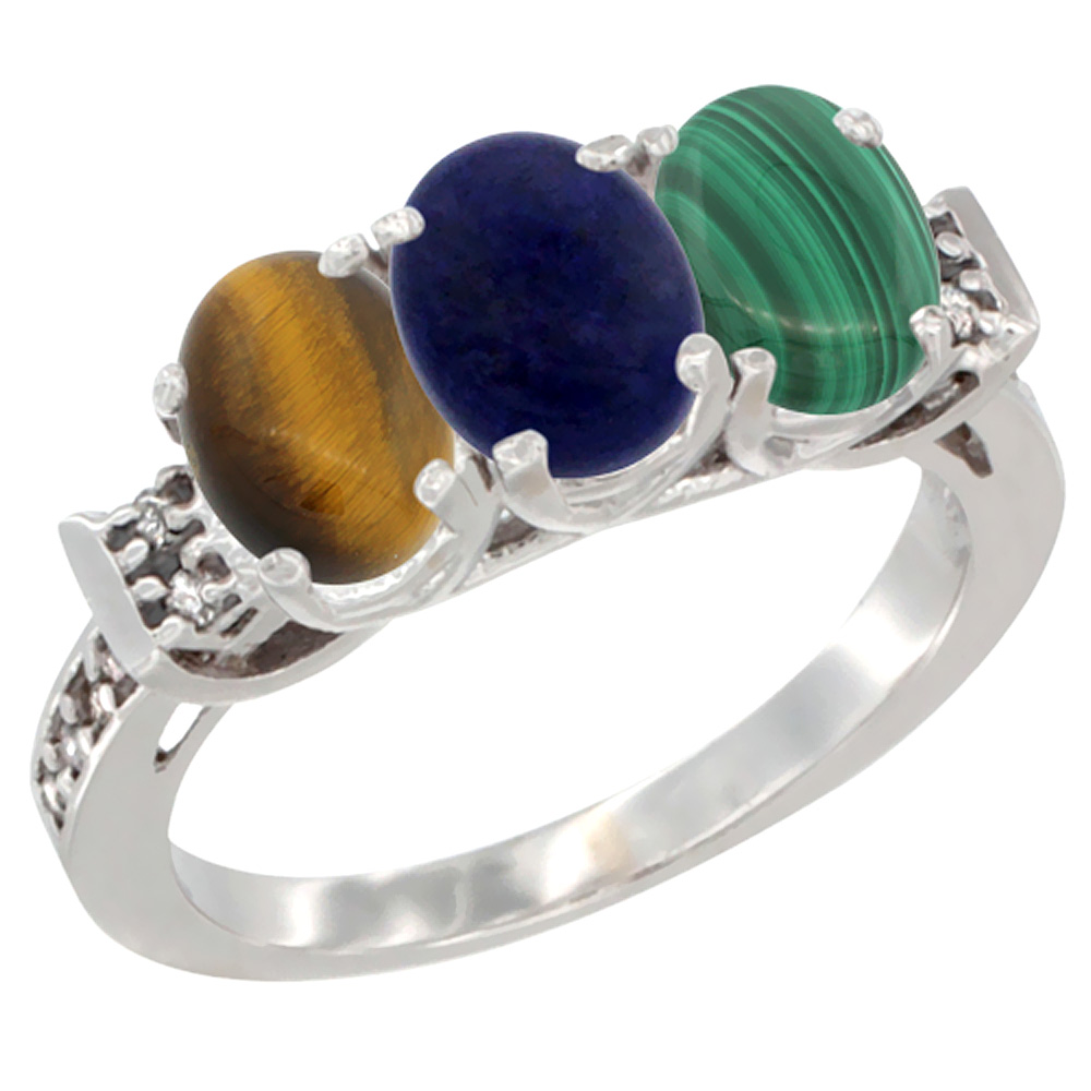 10K White Gold Natural Tiger Eye, Lapis & Malachite Ring 3-Stone Oval 7x5 mm Diamond Accent, sizes 5 - 10