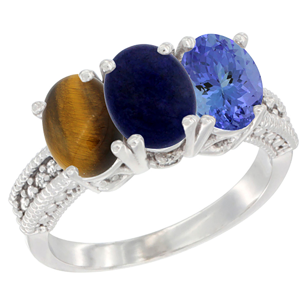 14K White Gold Natural Tiger Eye, Lapis & Tanzanite Ring 3-Stone 7x5 mm Oval Diamond Accent, sizes 5 - 10