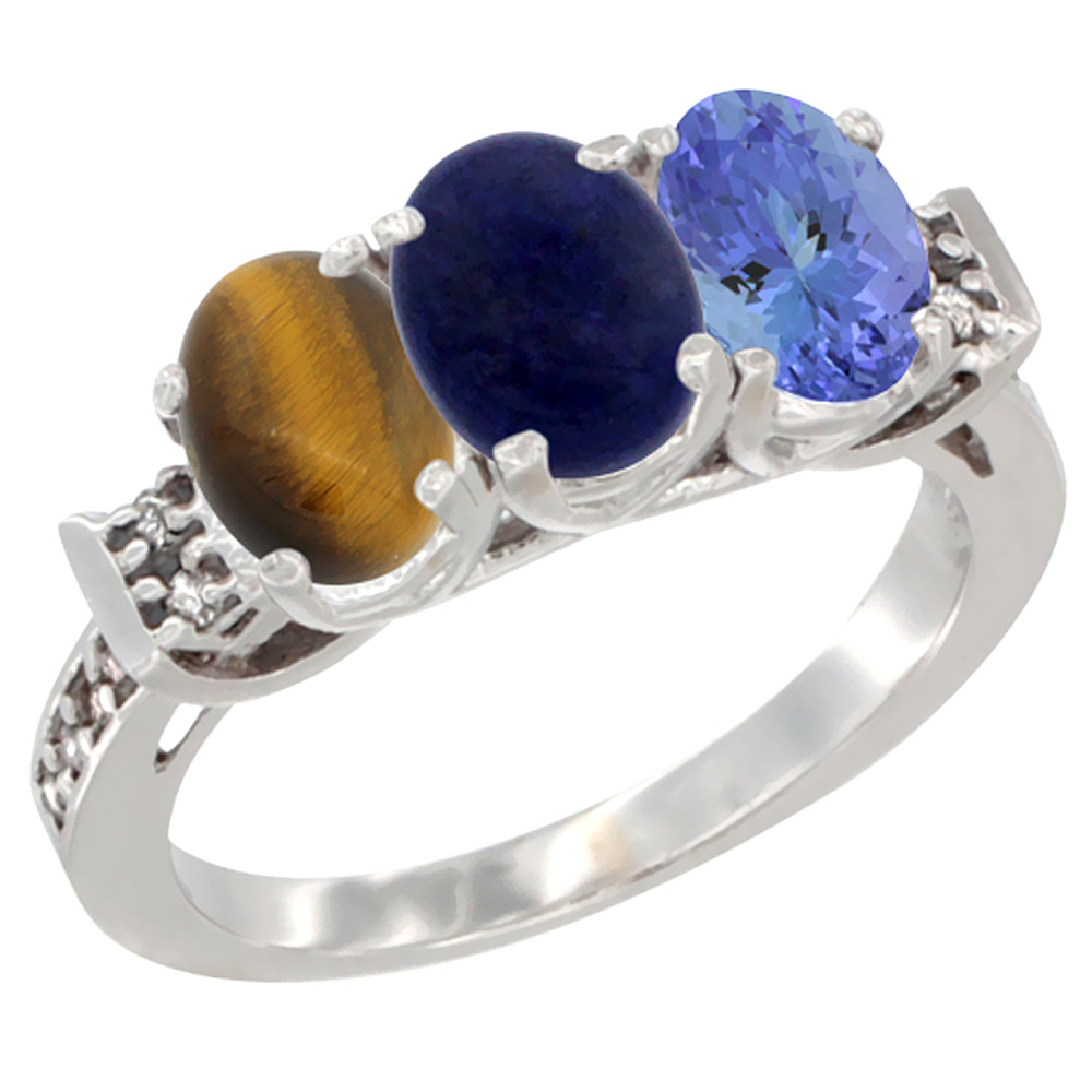 14K White Gold Natural Tiger Eye, Lapis & Tanzanite Ring 3-Stone Oval 7x5 mm Diamond Accent, sizes 5 - 10