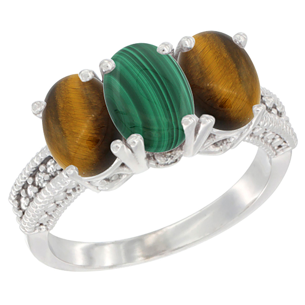 14K White Gold Natural Malachite & Tiger Eye Sides Ring 3-Stone 7x5 mm Oval Diamond Accent, sizes 5 - 10