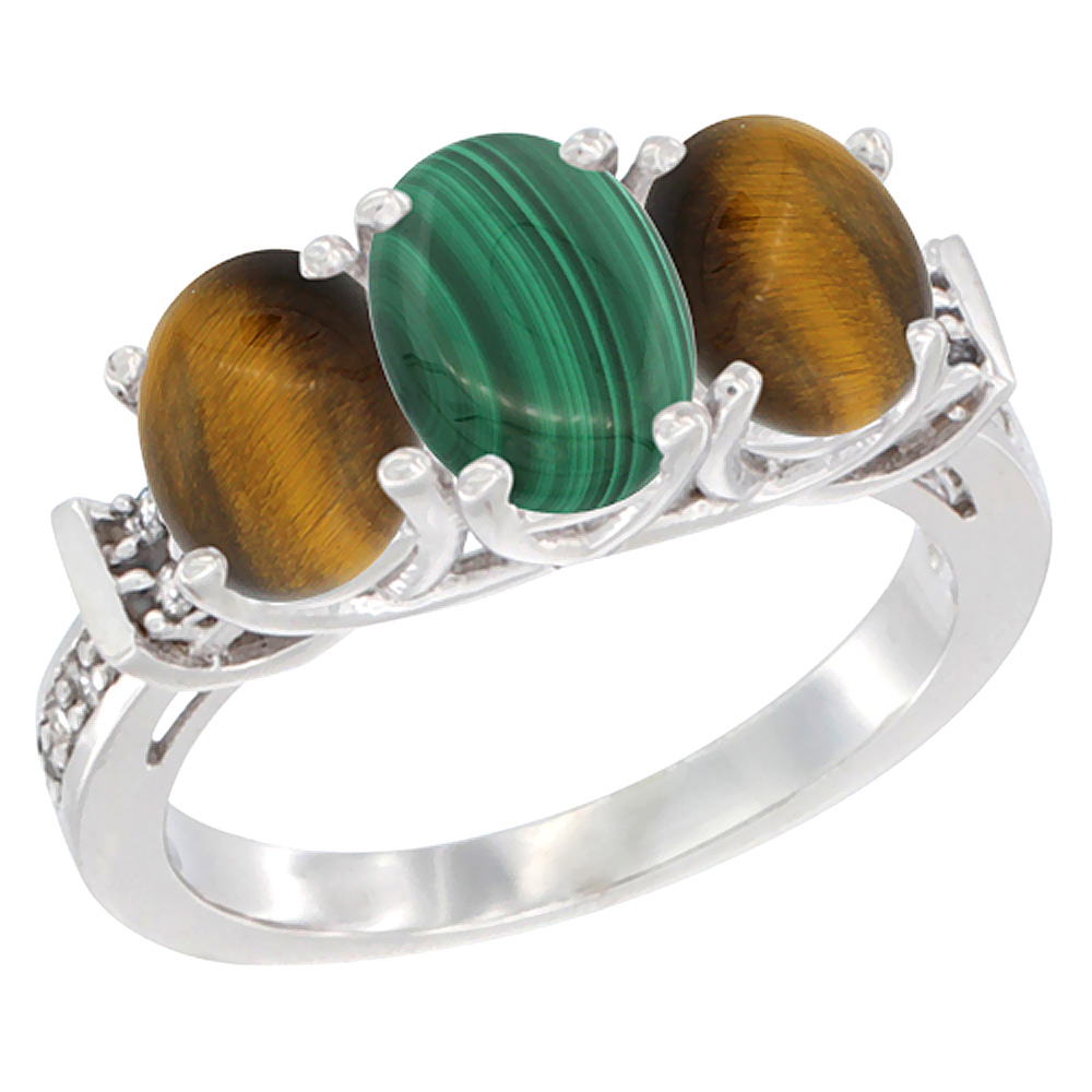 14K White Gold Natural Malachite & Tiger Eye Sides Ring 3-Stone Oval Diamond Accent, sizes 5 - 10