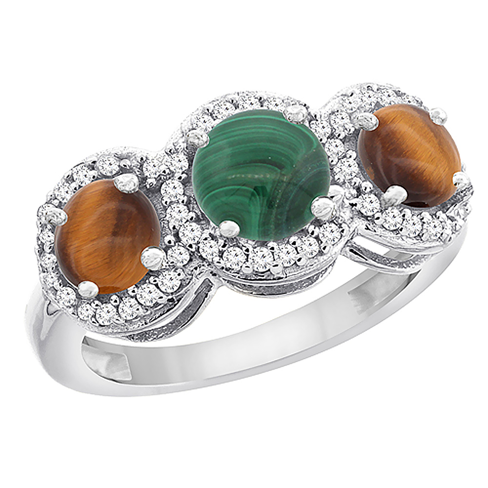 14K White Gold Natural Malachite & Tiger Eye Sides Round 3-stone Ring Diamond Accents, sizes 5 - 10