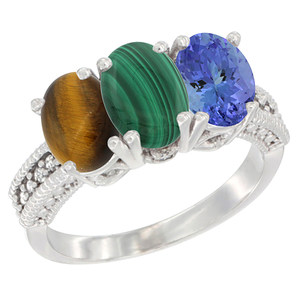 10K White Gold Diamond Natural Tiger Eye, Malachite & Tanzanite Ring 3-Stone 7x5 mm Oval, sizes 5 - 10