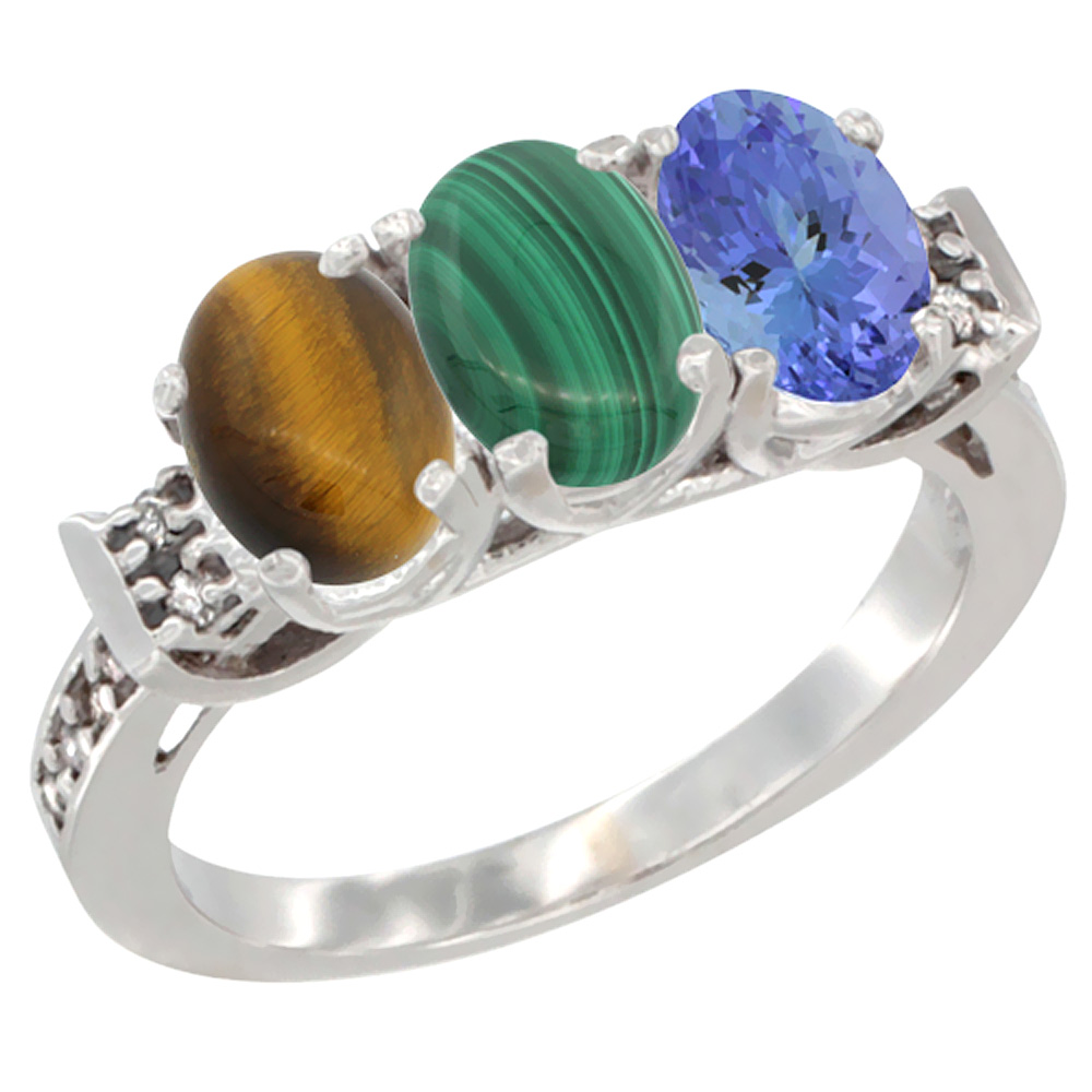 10K White Gold Natural Tiger Eye, Malachite & Tanzanite Ring 3-Stone Oval 7x5 mm Diamond Accent, sizes 5 - 10