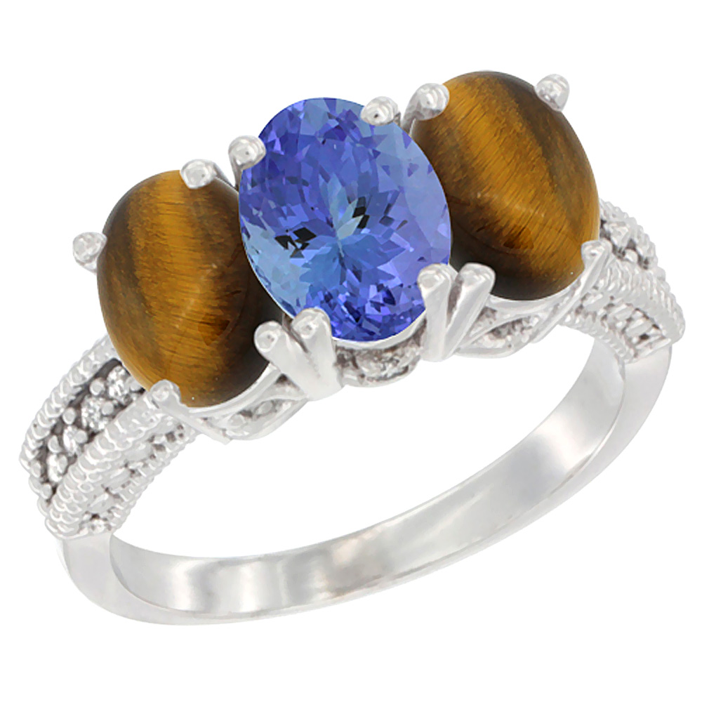 10K White Gold Diamond Natural Tanzanite &amp; Tiger Eye Ring 3-Stone 7x5 mm Oval, sizes 5 - 10