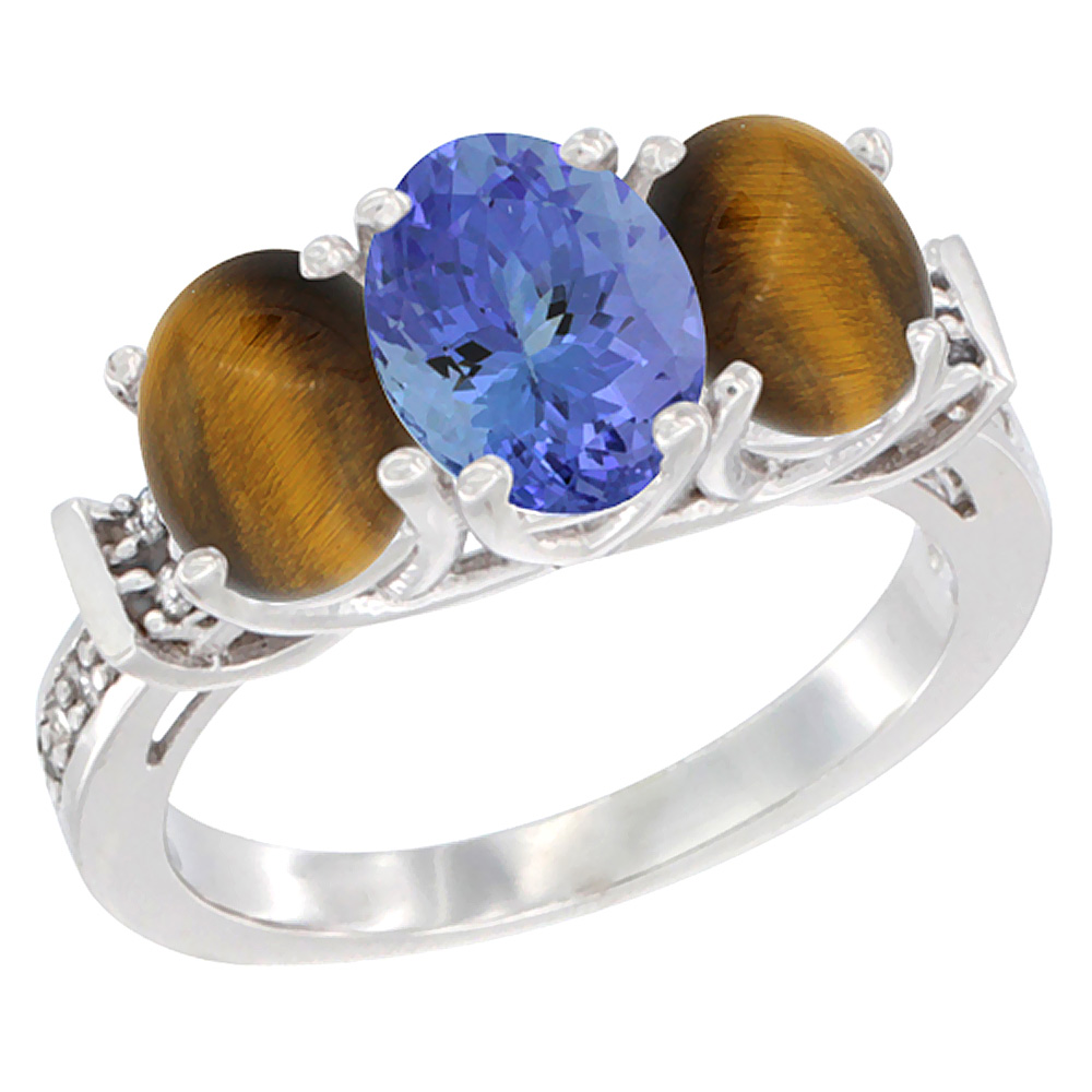 14K White Gold Natural Tanzanite &amp; Tiger Eye Sides Ring 3-Stone Oval Diamond Accent, sizes 5 - 10