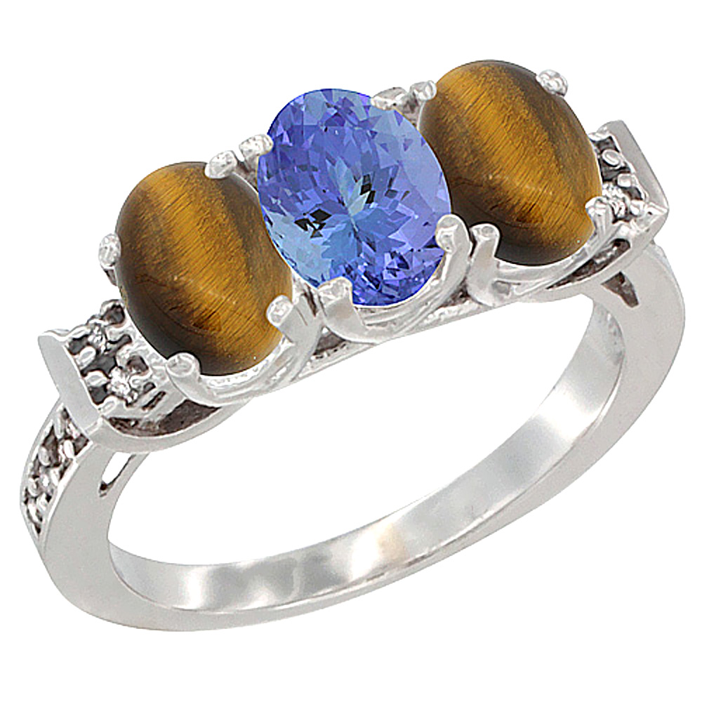 14K White Gold Natural Tanzanite &amp; Tiger Eye Ring 3-Stone 7x5 mm Oval Diamond Accent, sizes 5 - 10