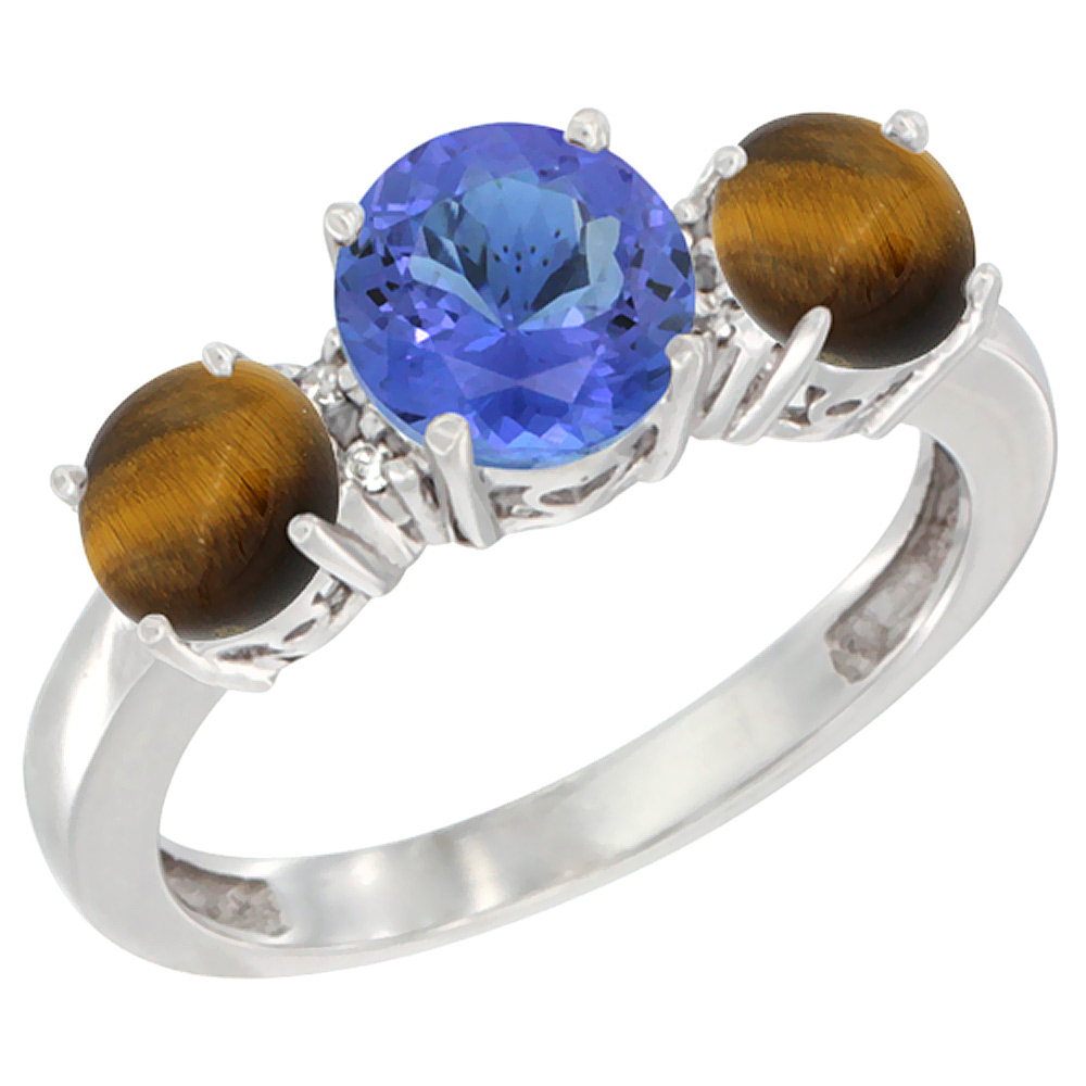 14K White Gold Round 3-Stone Natural Tanzanite Ring &amp; Tiger Eye Sides Diamond Accent, sizes 5 - 10