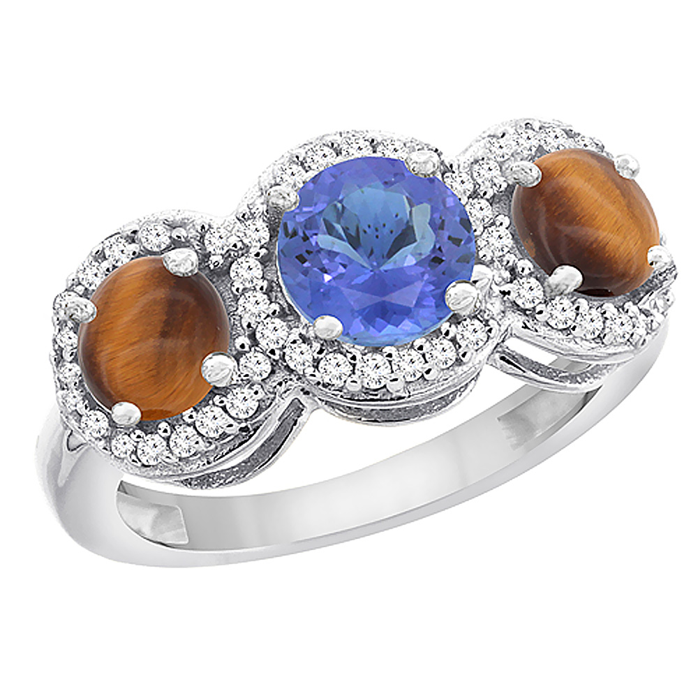 10K White Gold Natural Tanzanite &amp; Tiger Eye Sides Round 3-stone Ring Diamond Accents, sizes 5 - 10