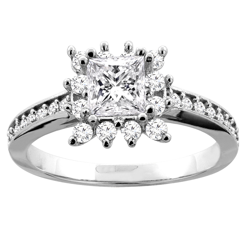 10K White Gold 1.03 ct Princess cut Floral Halo Diamond Engagement Ring, sizes 5 - 10