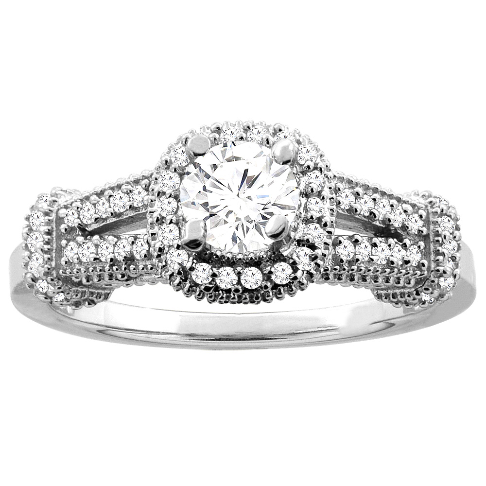 14K White Gold 0.70 cttw Round Diamond Halo Engagement Ring, sizes 5 - 10