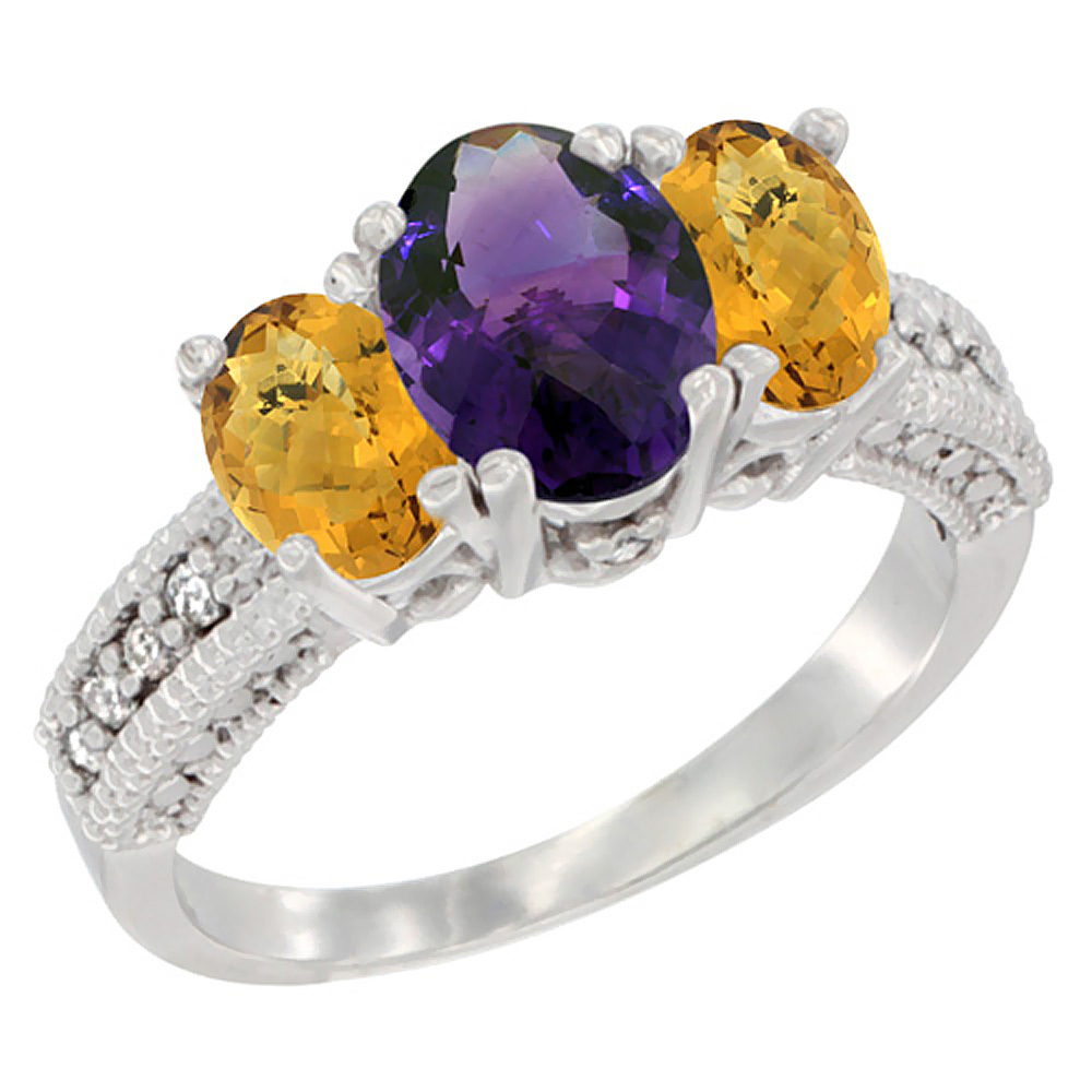 14K White Gold Diamond Natural Amethyst Ring Oval 3-stone with Whisky Quartz, sizes 5 - 10