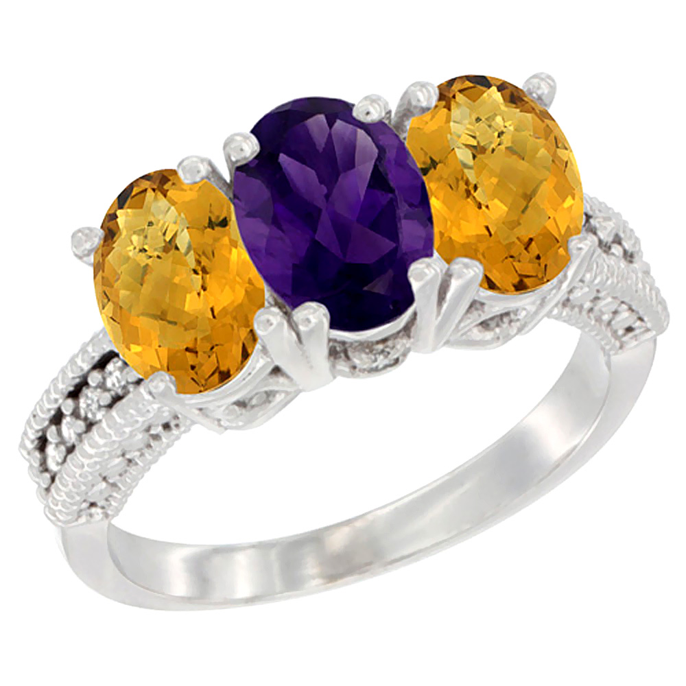 10K White Gold Diamond Natural Amethyst & Whisky Quartz Ring 3-Stone 7x5 mm Oval, sizes 5 - 10