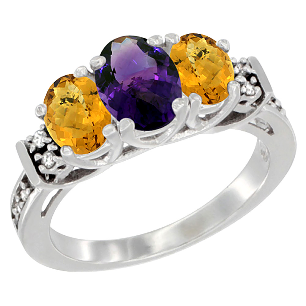 14K White Gold Natural Amethyst & Whisky Quartz Ring 3-Stone Oval Diamond Accent, sizes 5-10