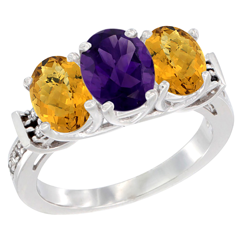 10K White Gold Natural Amethyst & Whisky Quartz Sides Ring 3-Stone Oval Diamond Accent, sizes 5 - 10