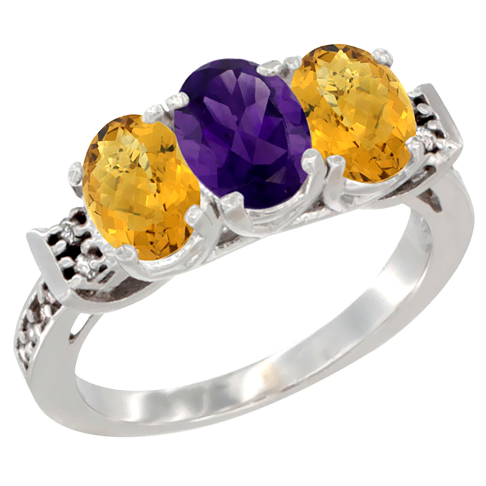 10K White Gold Natural Amethyst & Whisky Quartz Sides Ring 3-Stone Oval 7x5 mm Diamond Accent, sizes 5 - 10