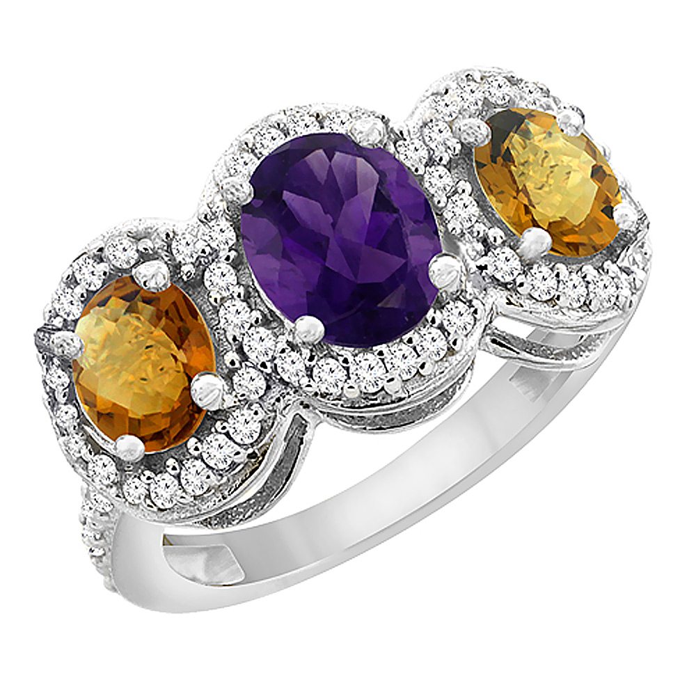 14K White Gold Natural Amethyst & Whisky Quartz 3-Stone Ring Oval Diamond Accent, sizes 5 - 10