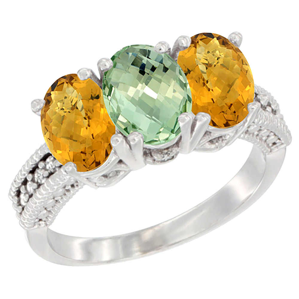 10K White Gold Diamond Natural Green Amethyst & Whisky Quartz Ring 3-Stone 7x5 mm Oval, sizes 5 - 10