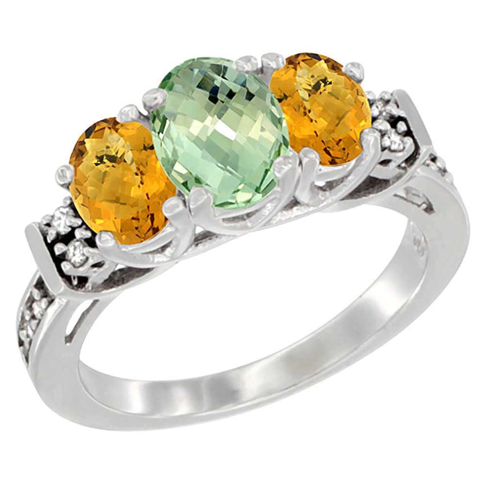 14K White Gold Natural Green Amethyst & Whisky Quartz Ring 3-Stone Oval Diamond Accent, sizes 5-10