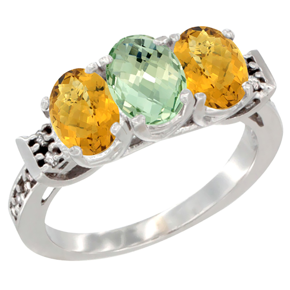 10K White Gold Natural Green Amethyst &amp; Whisky Quartz Sides Ring 3-Stone Oval 7x5 mm Diamond Accent, sizes 5 - 10