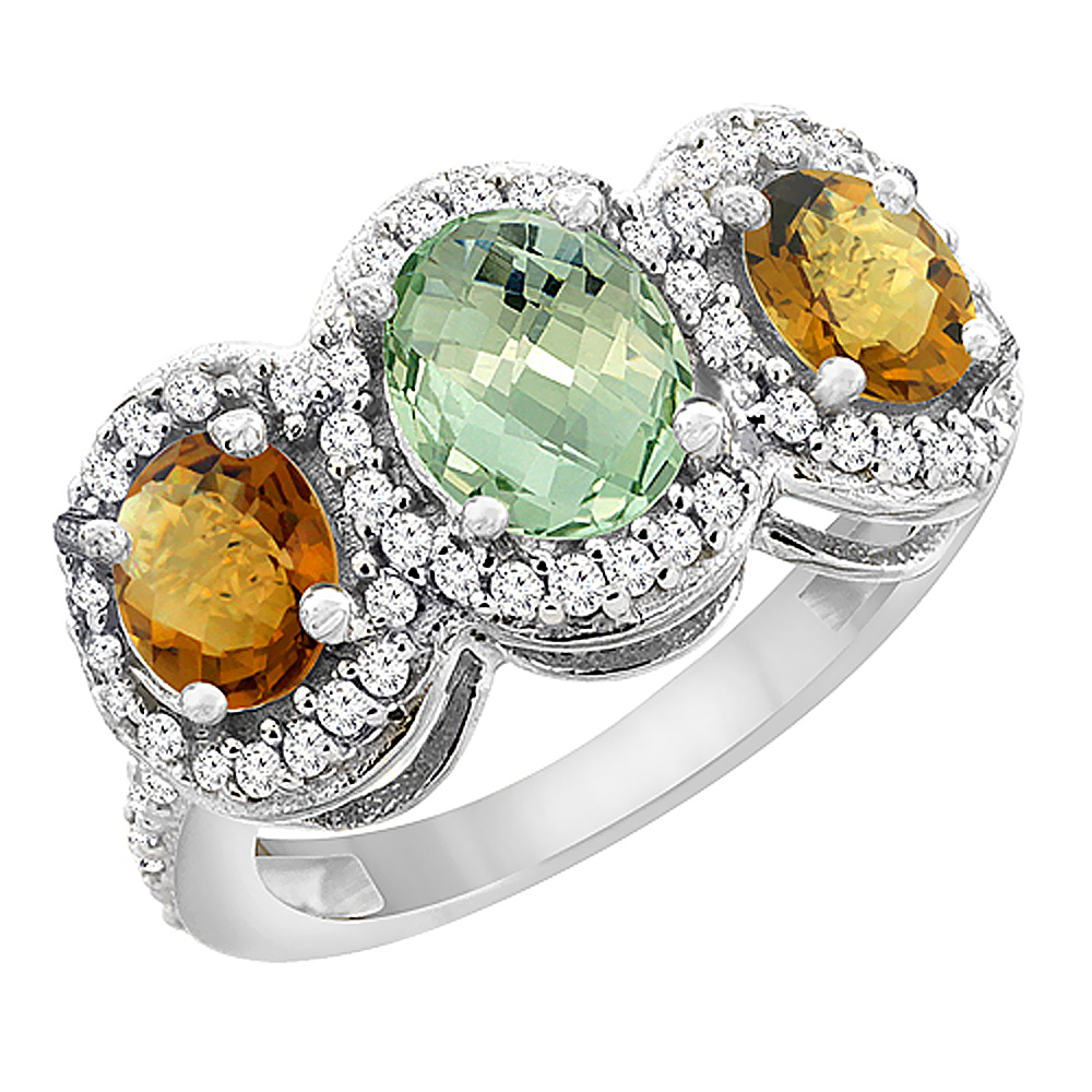 10K White Gold Natural Green Amethyst & Whisky Quartz 3-Stone Ring Oval Diamond Accent, sizes 5 - 10