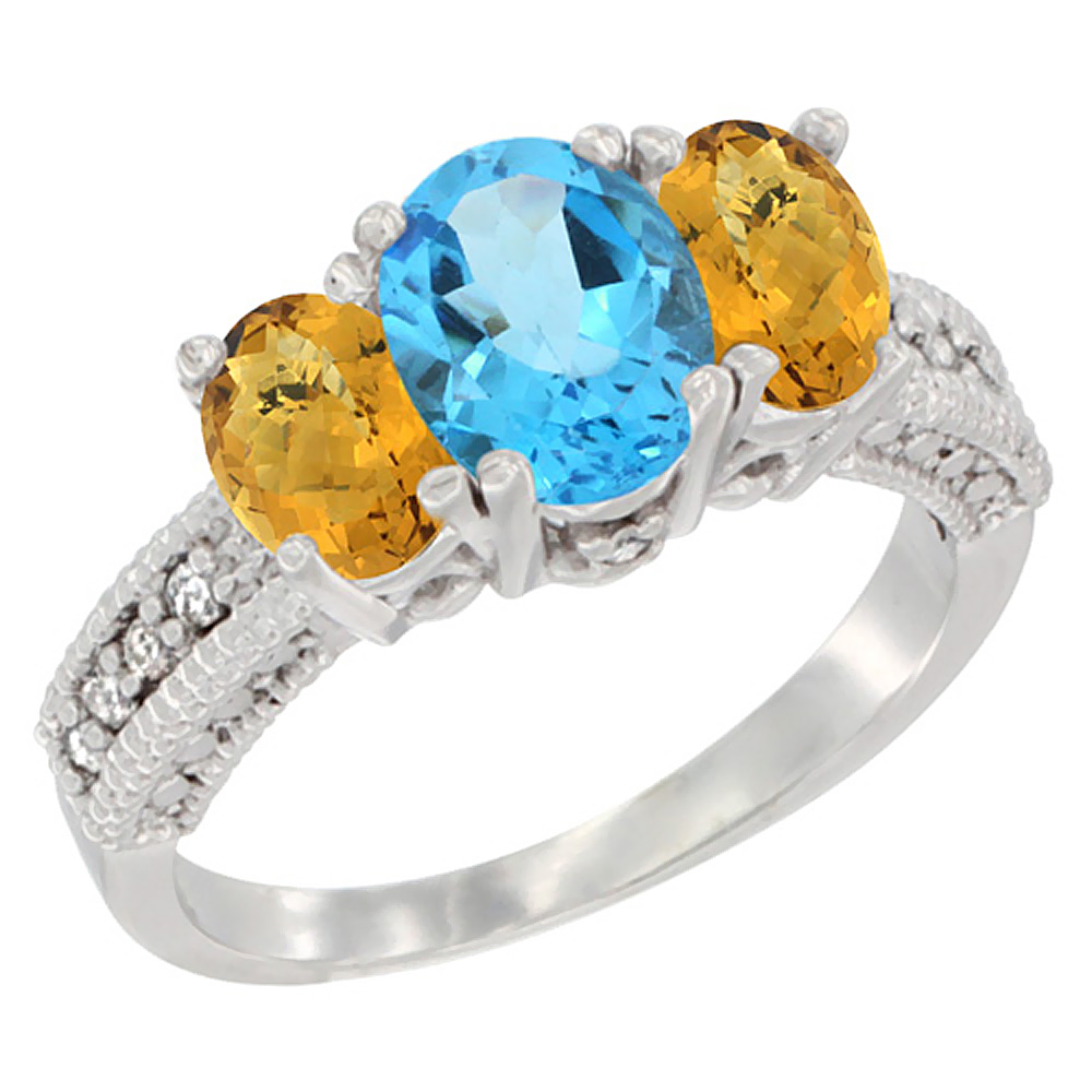 10K White Gold Diamond Natural Swiss Blue Topaz Ring Oval 3-stone with Whisky Quartz, sizes 5 - 10
